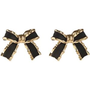 Dainty Black and Gold Toned Bow Stud Earrings